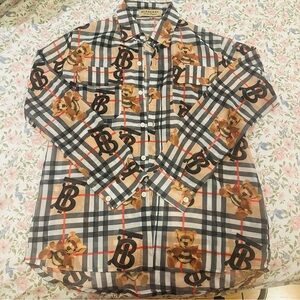 Burberry Beige Check Button-Down Shirt with Teddy & Monogram Motifs